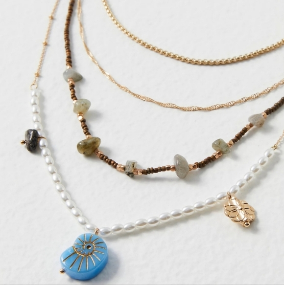 NWT! Free People, Swim & Sleep Layered Necklace,Gold Tone/Blue/White - Picture 3 of 12